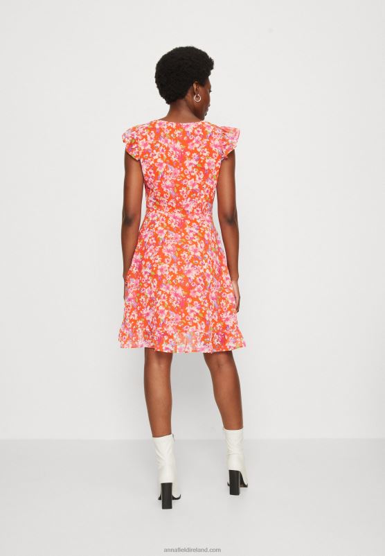 Z62T10 Women Anna Field Volant Short Dress Day Dress Red/Multicoloured - Image 3