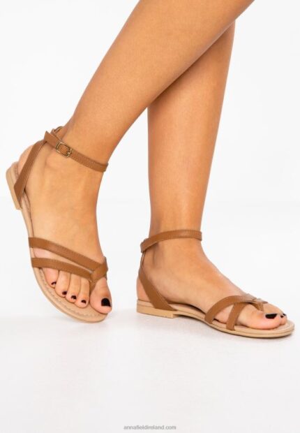 Z62T1513 Women Anna Field Leather T-Bar Sandals Cognac