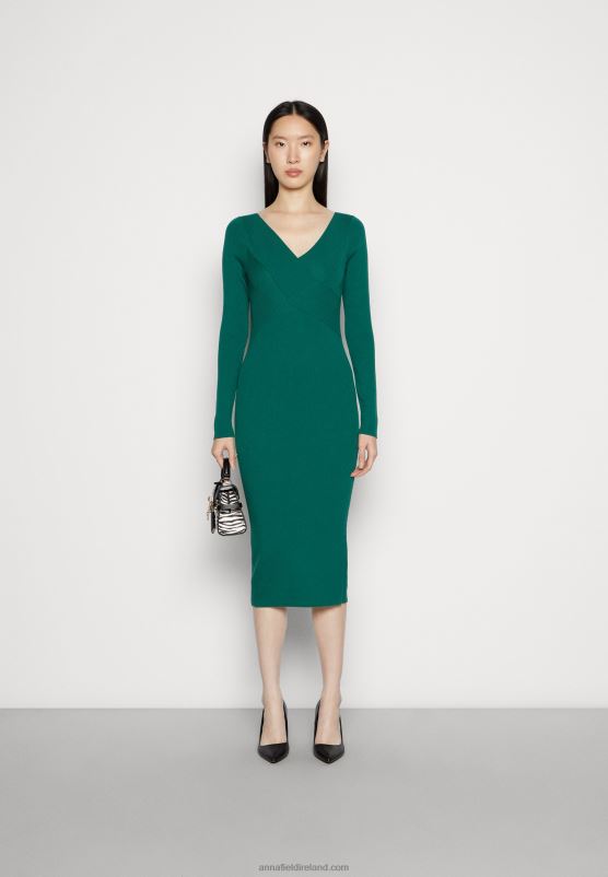 Z62T196 Women Anna Field V Ausschnitt Bodycon Midi Strickkleid Shift Dress Green - Image 2