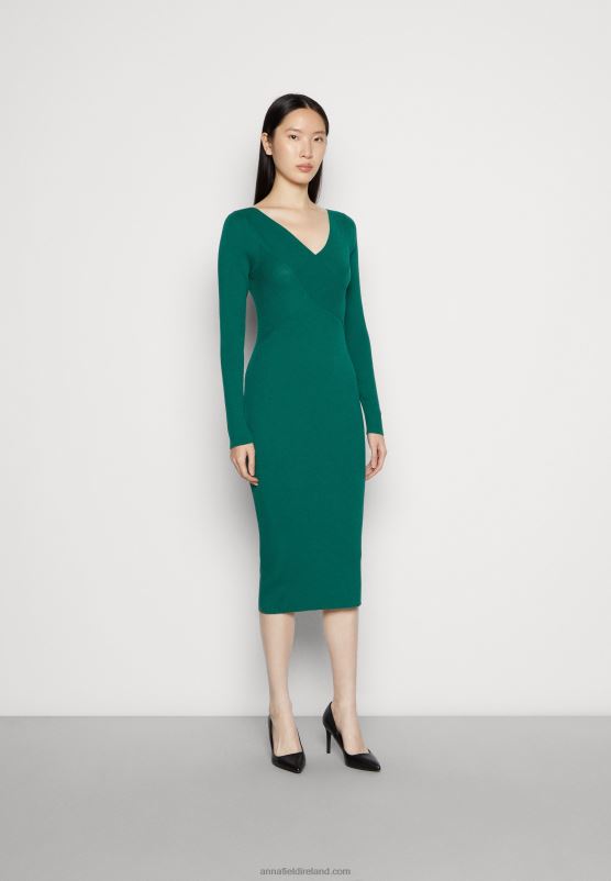 Z62T196 Women Anna Field V Ausschnitt Bodycon Midi Strickkleid Shift Dress Green - Image 1