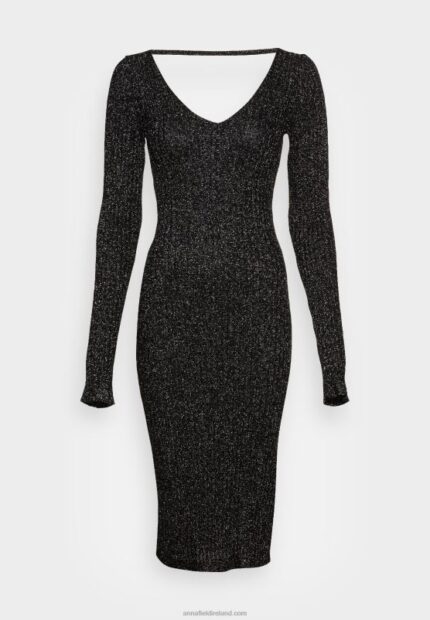 Z62T197 Women Anna Field Lurex V-Ausschnitt Midi Strickkleid Shift Dress Black