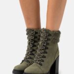 Z62T2017 Women Anna Field Leather Lace-Up Ankle Boots Khaki