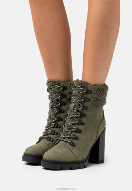 Z62T2017 Women Anna Field Leather Lace-Up Ankle Boots Khaki