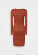 Z62T202 Women Anna Field Crew Ausschnitt Ripp Top Bodycon Mini Strickkleid Shift Dress Brown - Image 2