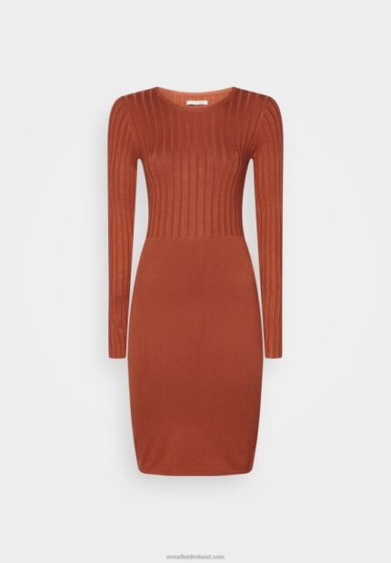 Z62T202 Women Anna Field Crew Ausschnitt Ripp Top Bodycon Mini Strickkleid Shift Dress Brown