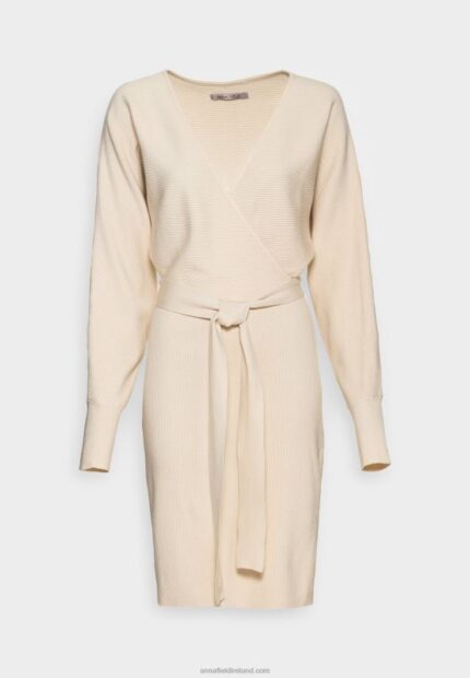 Z62T203 Women Anna Field Wrap V Ausschnitt Mini Strickkleid Mit GRtel Shift Dress Off White