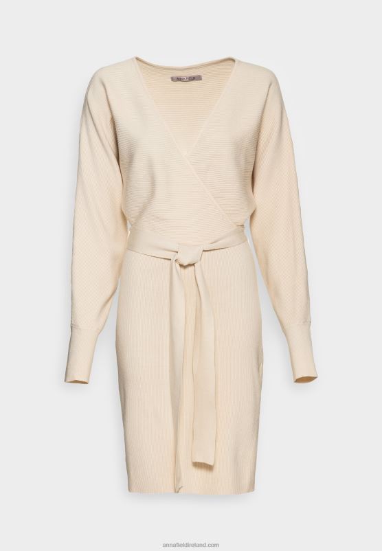 Z62T203 Women Anna Field Wrap V Ausschnitt Mini Strickkleid Mit GRtel Shift Dress Off White - Image 1