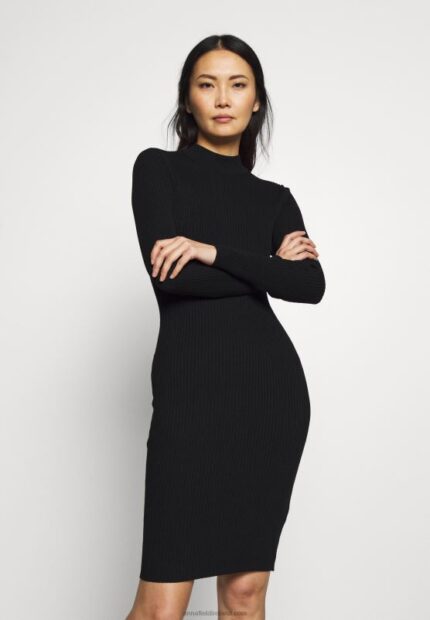 Z62T204 Women Anna Field Crew Ausschnitt Bodycon Ripp Mini Strickkleid Shift Dress Black