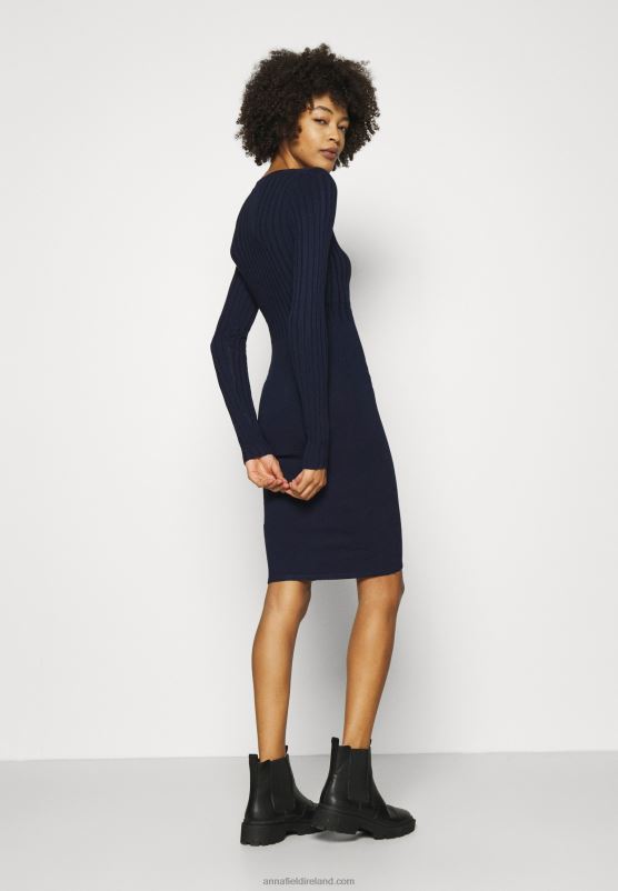 Z62T205 Women Anna Field Crew Ausschnitt Ripp Top Bodycon Mini Strickkleid Shift Dress Dark Blue - Image 3