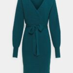 Z62T207 Women Anna Field Wrap V Ausschnitt Mini Strickkleid Mit GRtel Shift Dress Deep Teal