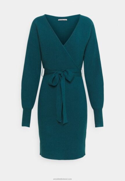 Z62T207 Women Anna Field Wrap V Ausschnitt Mini Strickkleid Mit GRtel Shift Dress Deep Teal