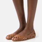 Z62T2125 Women Anna Field Leather Peeptoe Ballet Pumps Cognac