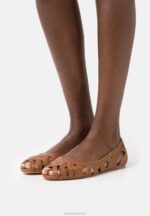 Z62T2125 Women Anna Field Leather Peeptoe Ballet Pumps Cognac