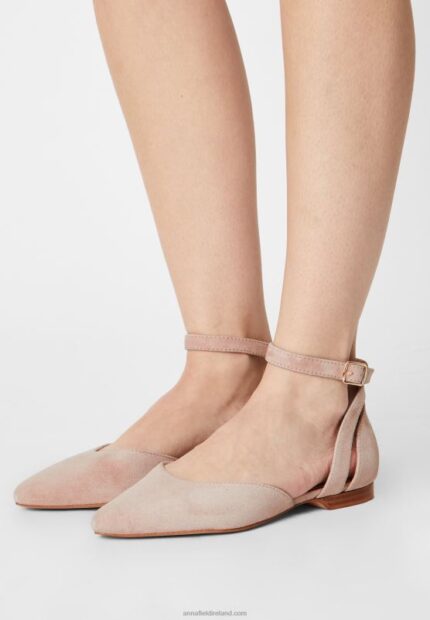 Z62T2164 Women Anna Field Leather Ankle Strap Ballet Pumps Beige