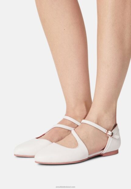 Z62T2167 Women Anna Field Leather Ankle Strap Ballet Pumps White
