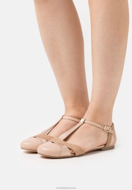 Z62T2168 Women Anna Field Leather Ankle Strap Ballet Pumps Beige