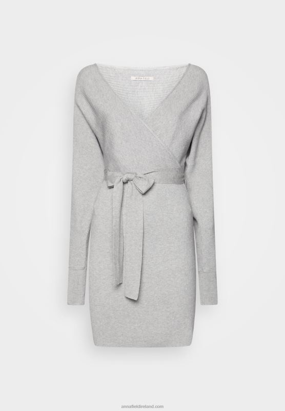 Z62T216 Women Anna Field Wrap V Ausschnitt Mini Strickkleid Mit GRtel Shift Dress Mottled Grey - Image 1