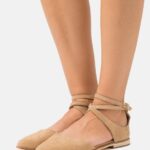 Z62T2170 Women Anna Field Leather Ankle Strap Ballet Pumps Beige