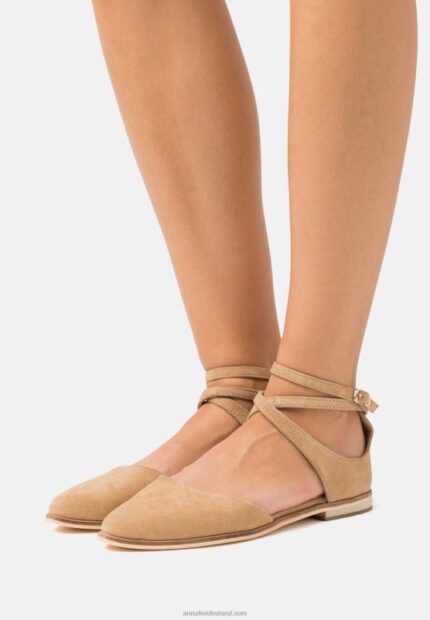 Z62T2170 Women Anna Field Leather Ankle Strap Ballet Pumps Beige