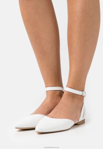 Z62T2174 Women Anna Field Leather Ankle Strap Ballet Pumps White