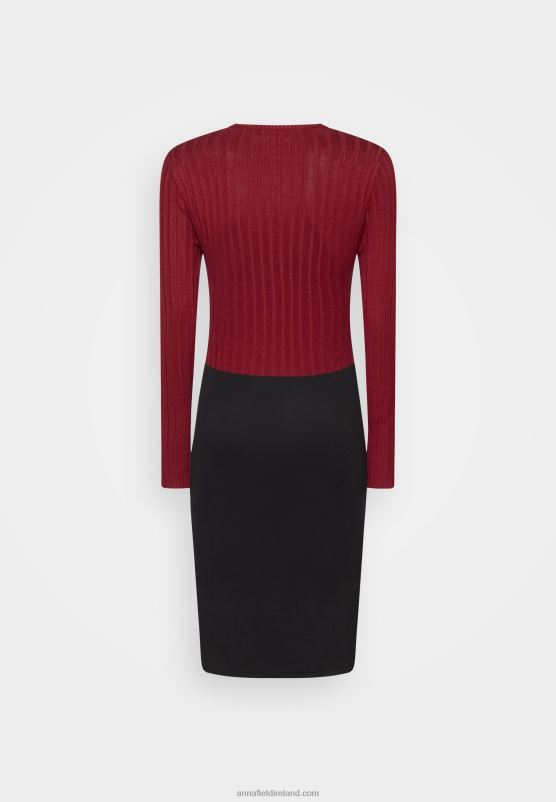 Z62T217 Women Anna Field Crew Ausschnitt Ripp Top Bodycon Mini Strickkleid Shift Dress Dark Red/Black - Image 2