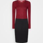 Z62T217 Women Anna Field Crew Ausschnitt Ripp Top Bodycon Mini Strickkleid Shift Dress Dark Red/Black