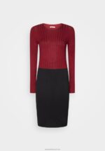 Z62T217 Women Anna Field Crew Ausschnitt Ripp Top Bodycon Mini Strickkleid Shift Dress Dark Red/Black