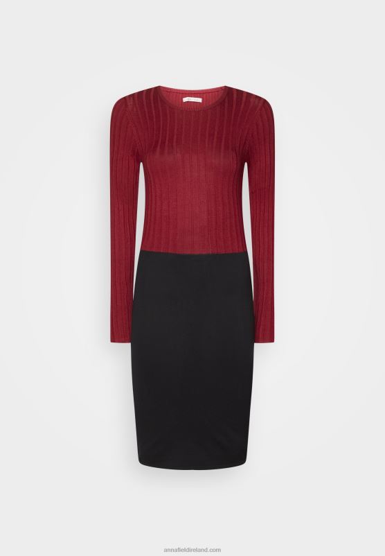 Z62T217 Women Anna Field Crew Ausschnitt Ripp Top Bodycon Mini Strickkleid Shift Dress Dark Red/Black - Image 1