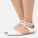 Z62T2180 Women Anna Field Leather Ankle Strap Ballet Pumps White