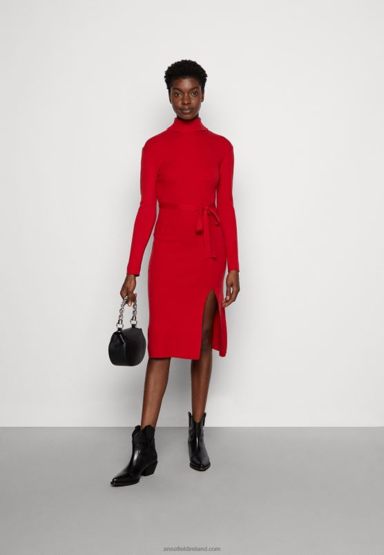 Z62T232 Women Anna Field Rollkragen Ripp Mini Strickkleid Mit GRtel Jumper Dress Red - Image 2