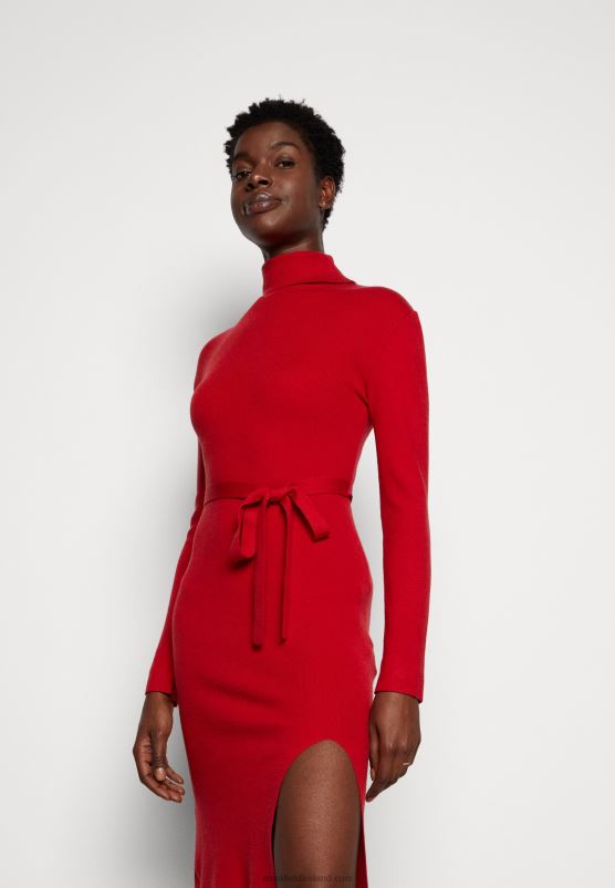 Z62T232 Women Anna Field Rollkragen Ripp Mini Strickkleid Mit GRtel Jumper Dress Red - Image 4