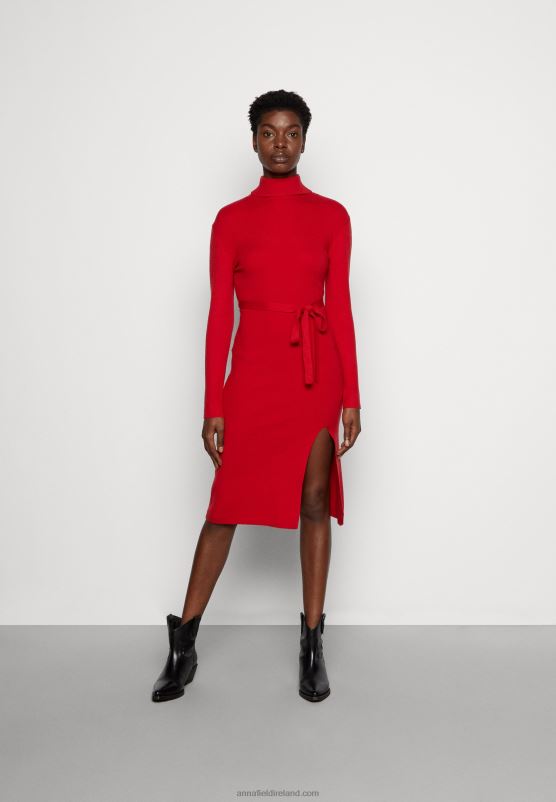 Z62T232 Women Anna Field Rollkragen Ripp Mini Strickkleid Mit GRtel Jumper Dress Red - Image 1