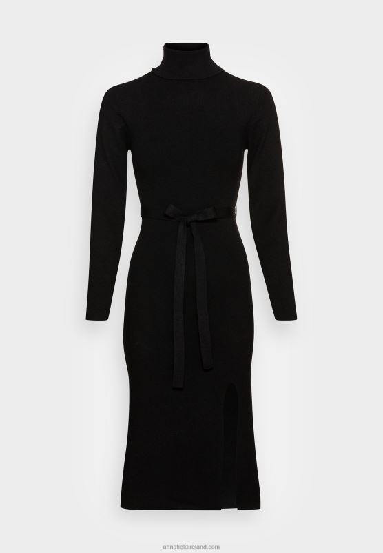 Z62T234 Women Anna Field Rollkragen Ripp Mini Strickkleid Mit GRtel Jumper Dress Black - Image 1