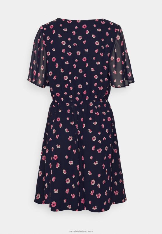 Z62T23 Women Anna Field V-Neck Sleeve Dress Day Dress Dark Blue/Pink - Image 2