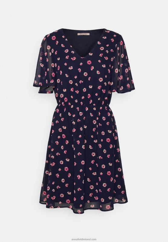 Z62T23 Women Anna Field V-Neck Sleeve Dress Day Dress Dark Blue/Pink - Image 1
