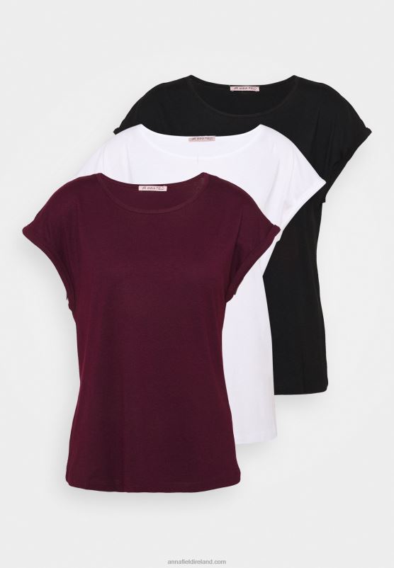 Z62T259 Women Anna Field 3 Pack Basic T-Shirt Black/White/Dark Red - Image 6