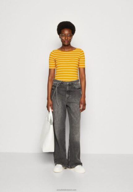 Z62T295 Women Anna Field Print T-Shirt Dark Yellow/White