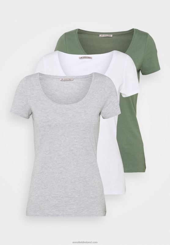 Z62T342 Women Anna Field 3 Pack Basic T-Shirt White/Mottled Light Grey/Light Green - Image 7