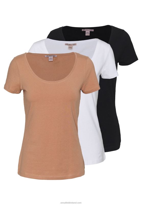 Z62T380 Women Anna Field 3 Pack Basic T-Shirt White/Camel/Black - Image 1