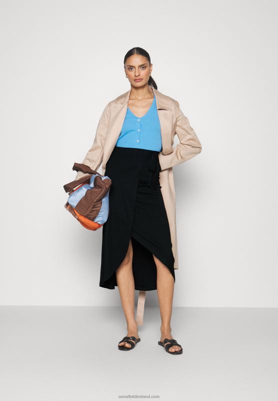 Z62T787 Women Anna Field Basic Wrap Over Midi Skirt A-Line Skirt Black - Image 2
