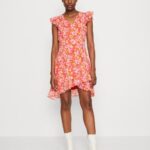 Z62T10 Women Anna Field Volant Short Dress Day Dress Red/Multicoloured