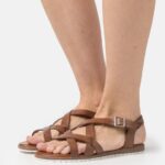 Z62T1284 Women Anna Field Leather Sandals Cognac