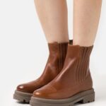 Z62T2056 Women Anna Field Leather Platform Ankle Boots Cognac