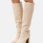Z62T2258 Women Anna Field Leather High Heeled Boots Beige
